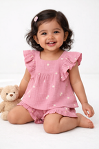 Pink Floral Embroidery Organic Cotton Co-ord Set - Pink