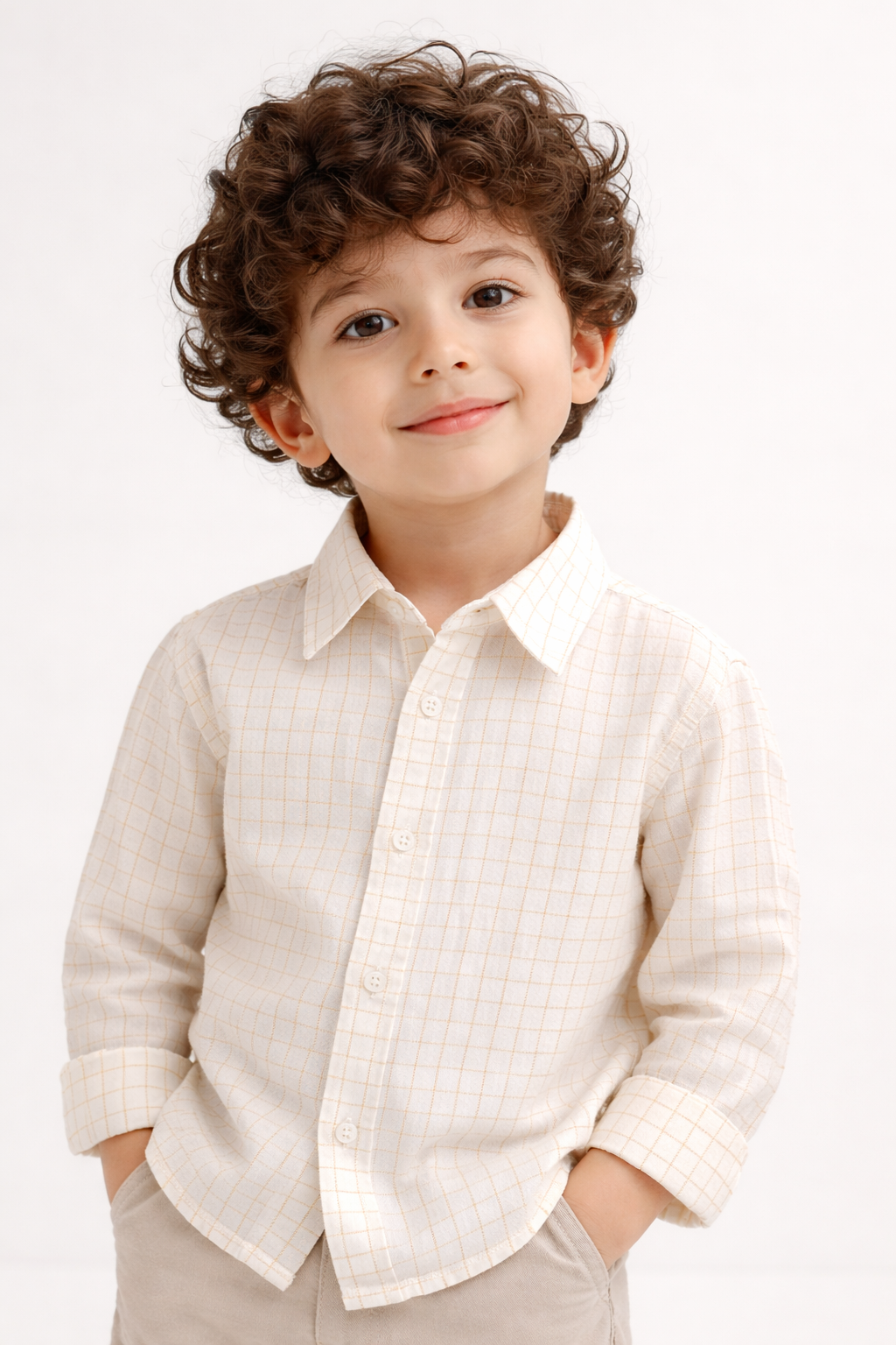 The yelllow Checks shirt  & Khaki Cotton Co-ord Set -  Biege