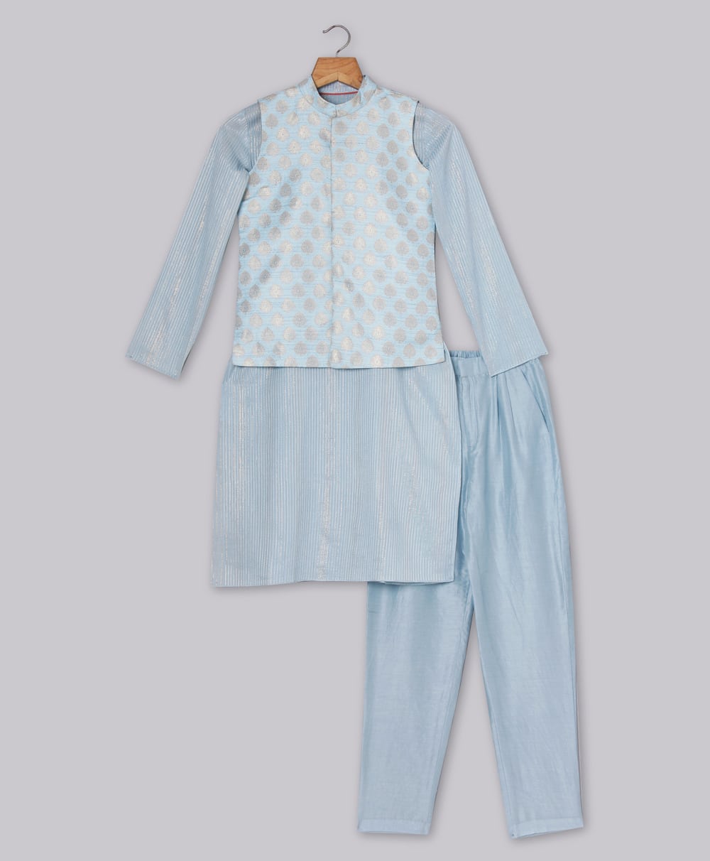 Kurta with Pant & Jacquard Jacket - Blue