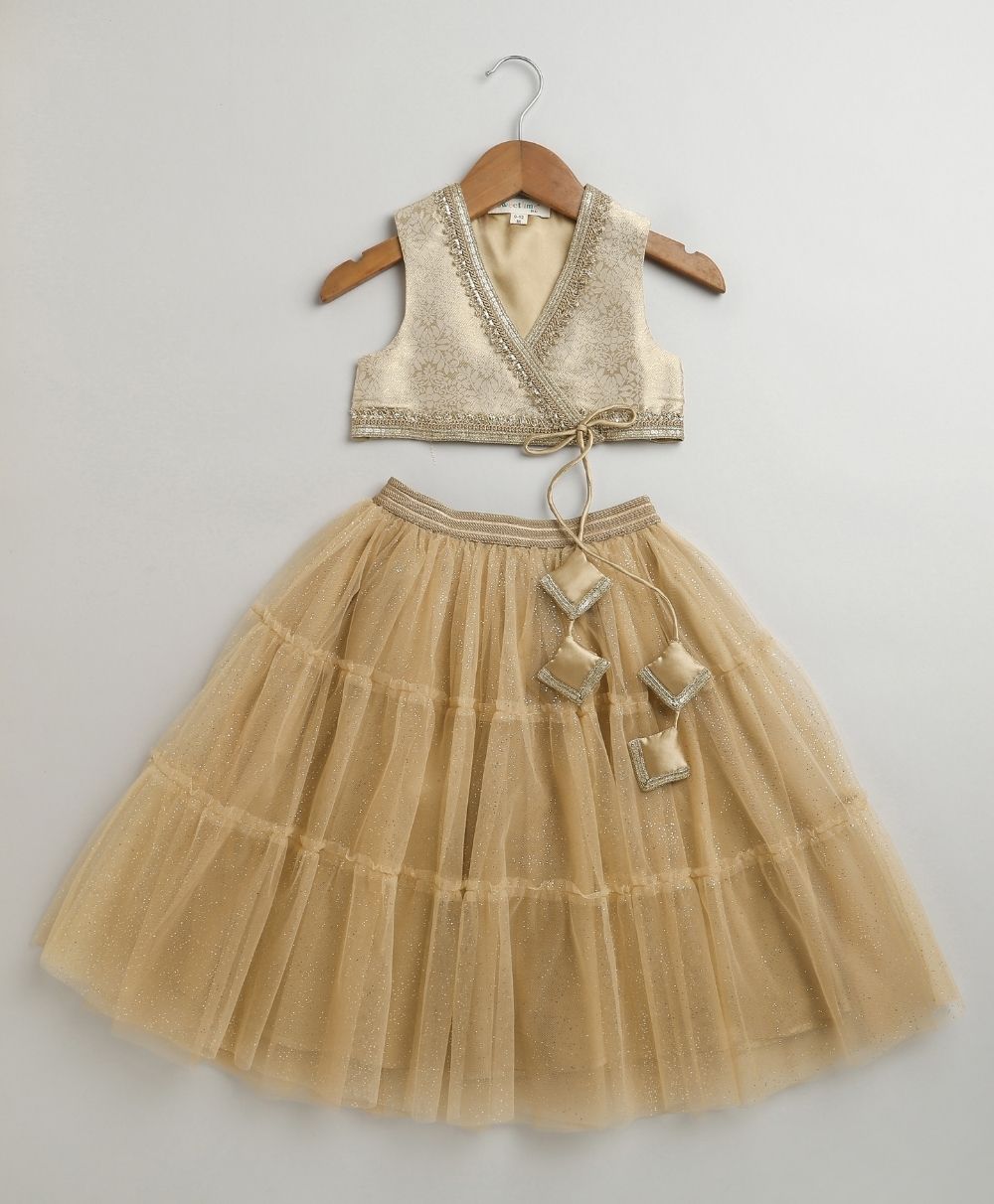 Jacquard peplum Top with Golden Twirl Lehenga Set- Golden