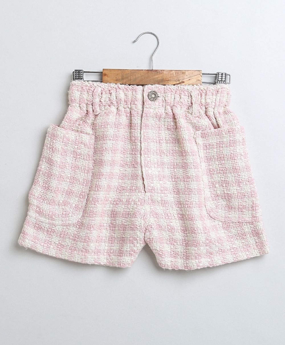 Stylish Solid Viscose Top & Cotton Tweed Jacquard Shorts Set - White & Pink
