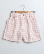 Stylish Solid Viscose Top & Cotton Tweed Jacquard Shorts Set - White & Pink