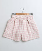 Stylish Solid Viscose Top & Cotton Tweed Jacquard Shorts Set - White & Pink
