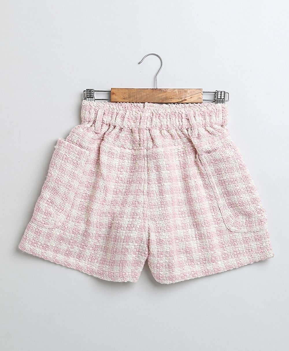 Stylish Solid Viscose Top & Cotton Tweed Jacquard Shorts Set - White & Pink