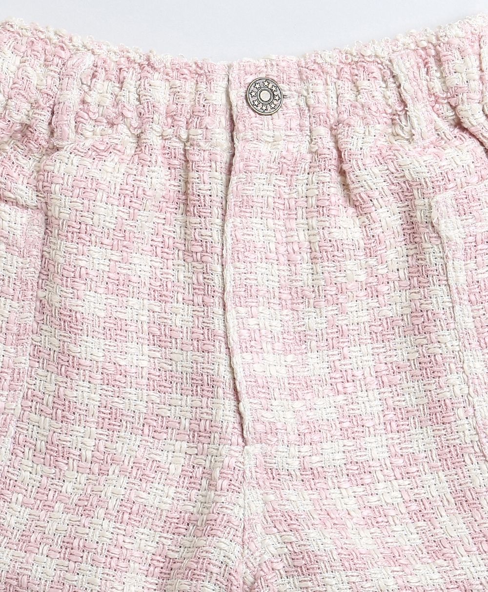 Stylish Solid Viscose Top & Cotton Tweed Jacquard Shorts Set - White & Pink