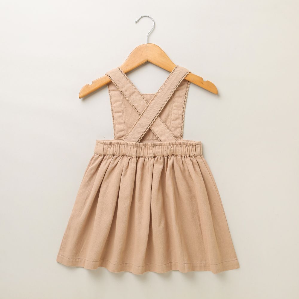 Cotton Twill Pinafore Dress with White Ducks Embroidery - Beige & White