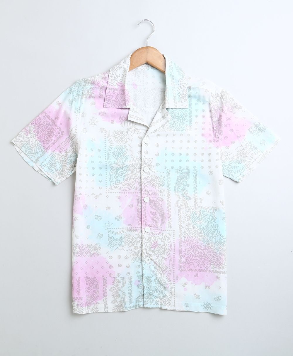 Blue & Pink Tie Dye Cotton Viscose Shirt - White