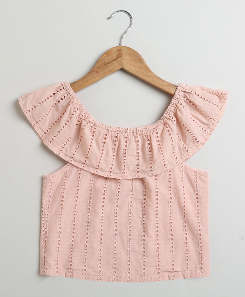 Peach Cotton Schiffly Off Shoulder Top - Peach
