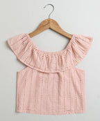 Peach Cotton Schiffly Off Shoulder Top - Peach