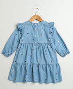Flamingo Embroidered Denim Ruffle Dress - Blue