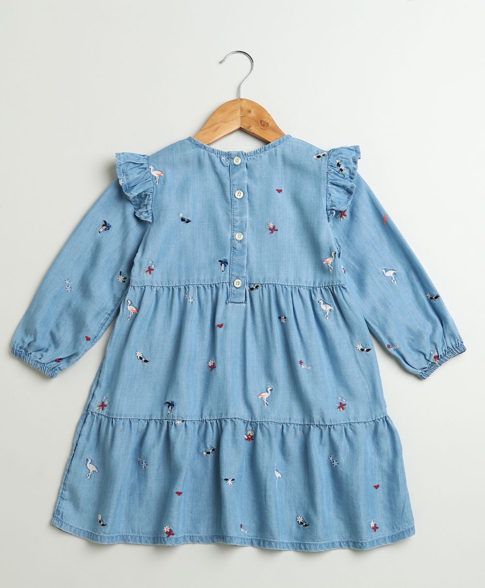Flamingo Embroidered Denim Ruffle Dress - Blue