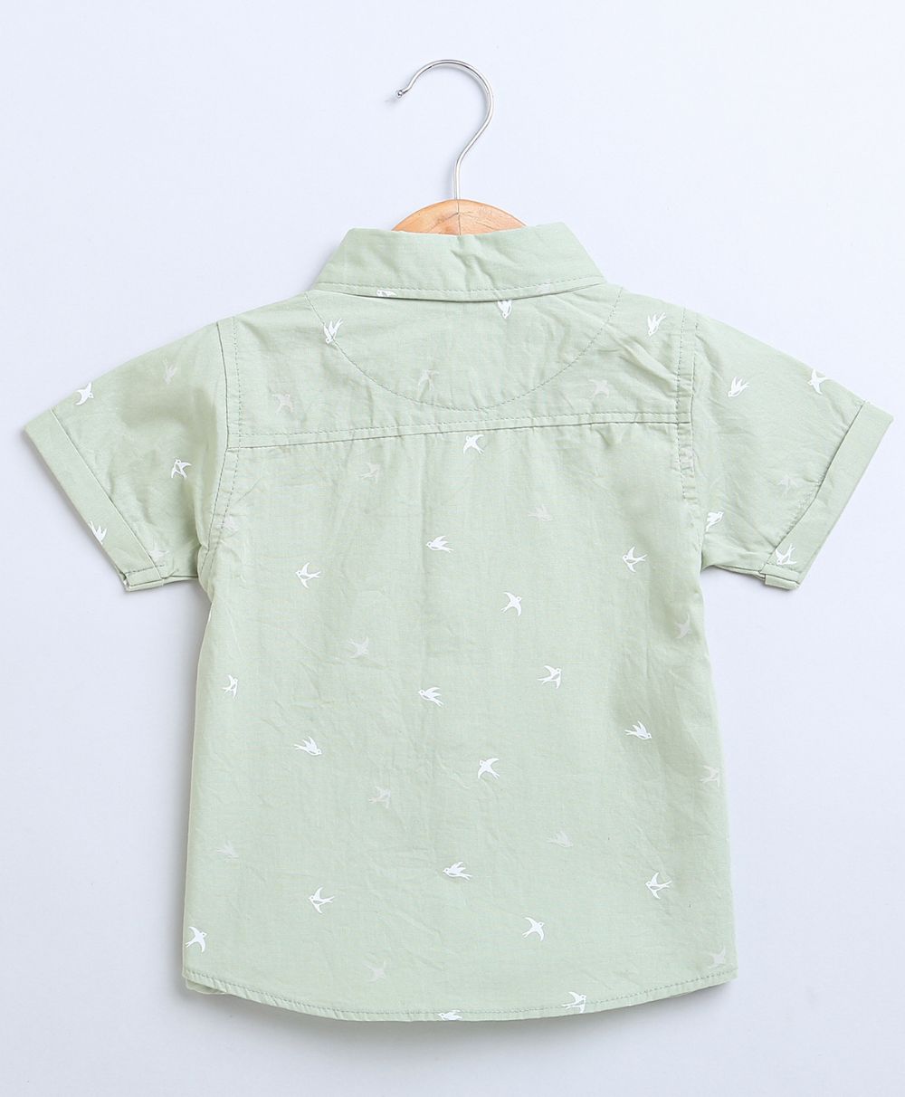 Bird Print Cotton Poplin Boys Shirt - Green