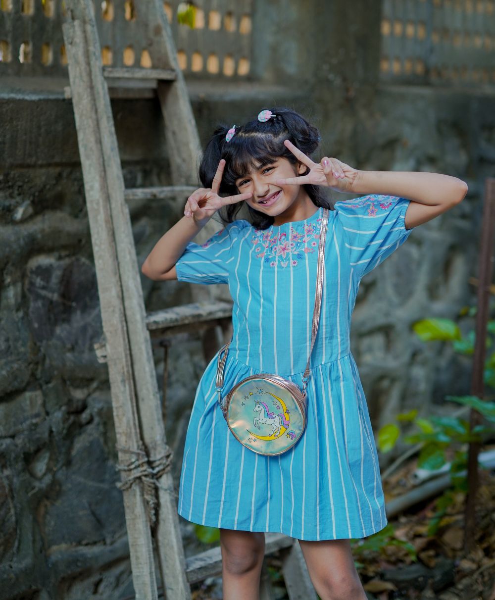Balloon Sleeved Embroidered Dress - Blue