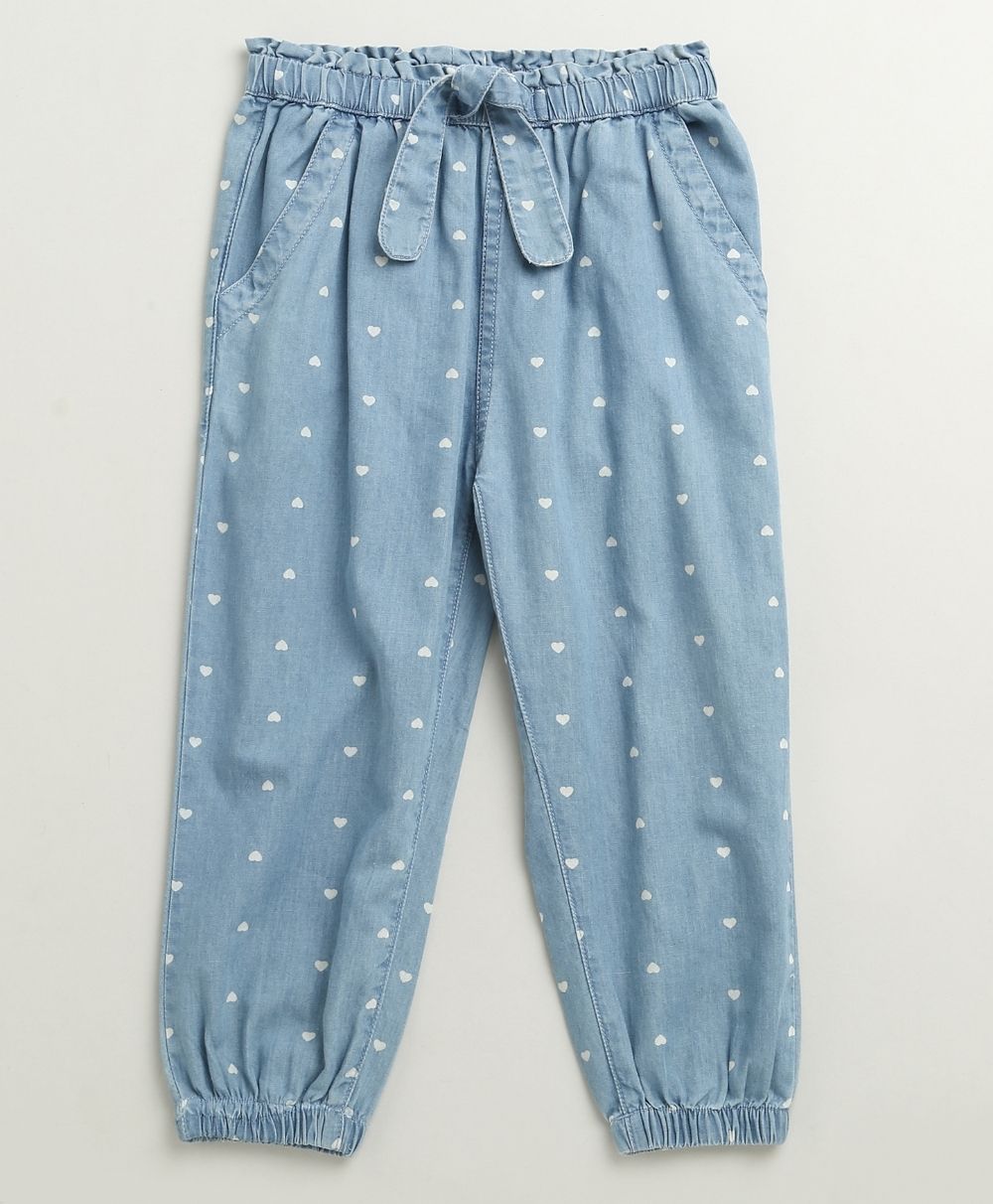 Safari Buddies Cotton T-shirt & Cotton Denim Heart Printed Pants Set - White & Blue