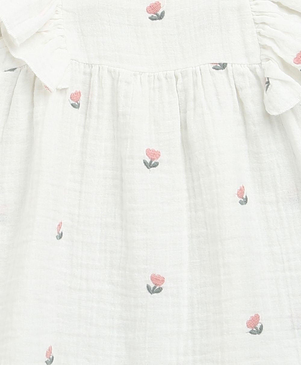 Pink Floral Embroidery Ruffle Organic Cotton Co-ord Set - White