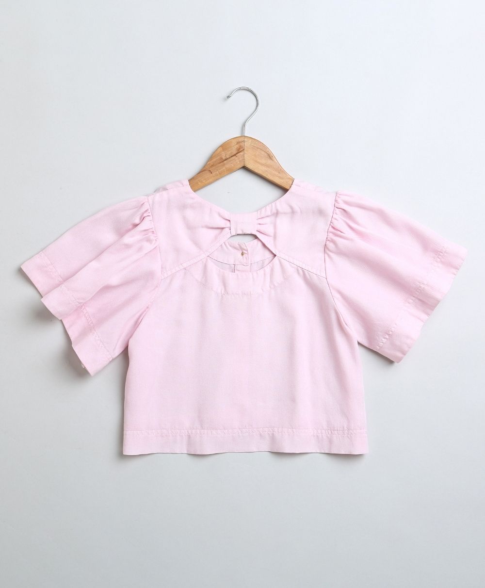 Frill Sleeves Cotton Tencel Top & Cotton Twill Shorts Co-ord Set - Pink & White
