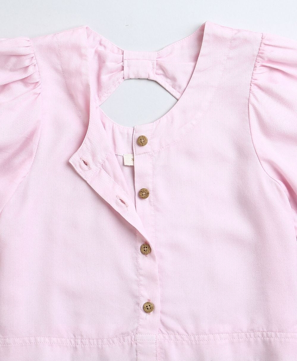 Frill Sleeves Cotton Tencel Top & Cotton Twill Shorts Co-ord Set - Pink & White