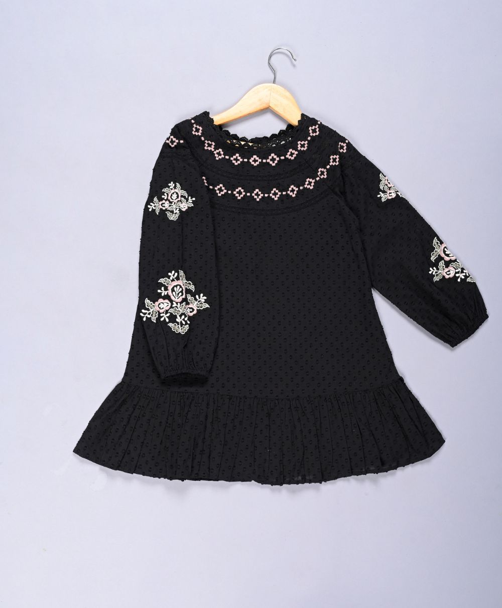 Embroidered Floral & Lace Trim Dress - Black