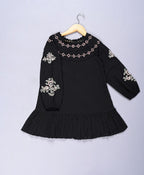 Embroidered Floral & Lace Trim Dress - Black