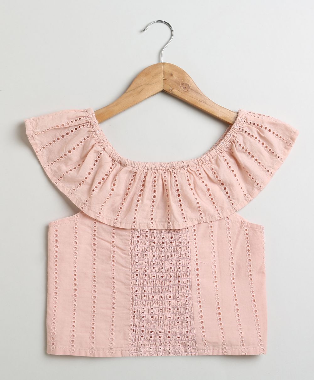 Peach Cotton Schiffly Off Shoulder Top - Peach