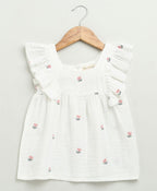 Pink Floral Embroidery Ruffle Organic Cotton Co-ord Set - White