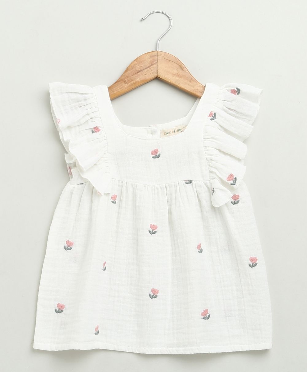Pink Floral Embroidery Ruffle Organic Cotton Co-ord Set - White