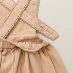 Cotton Twill Pinafore Dress with White Ducks Embroidery - Beige & White