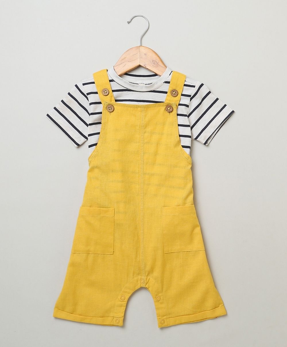 Unisex Cotton Dungaree and Jersey T-Shirt Stripes  Co-ord Sets - White & Yellow