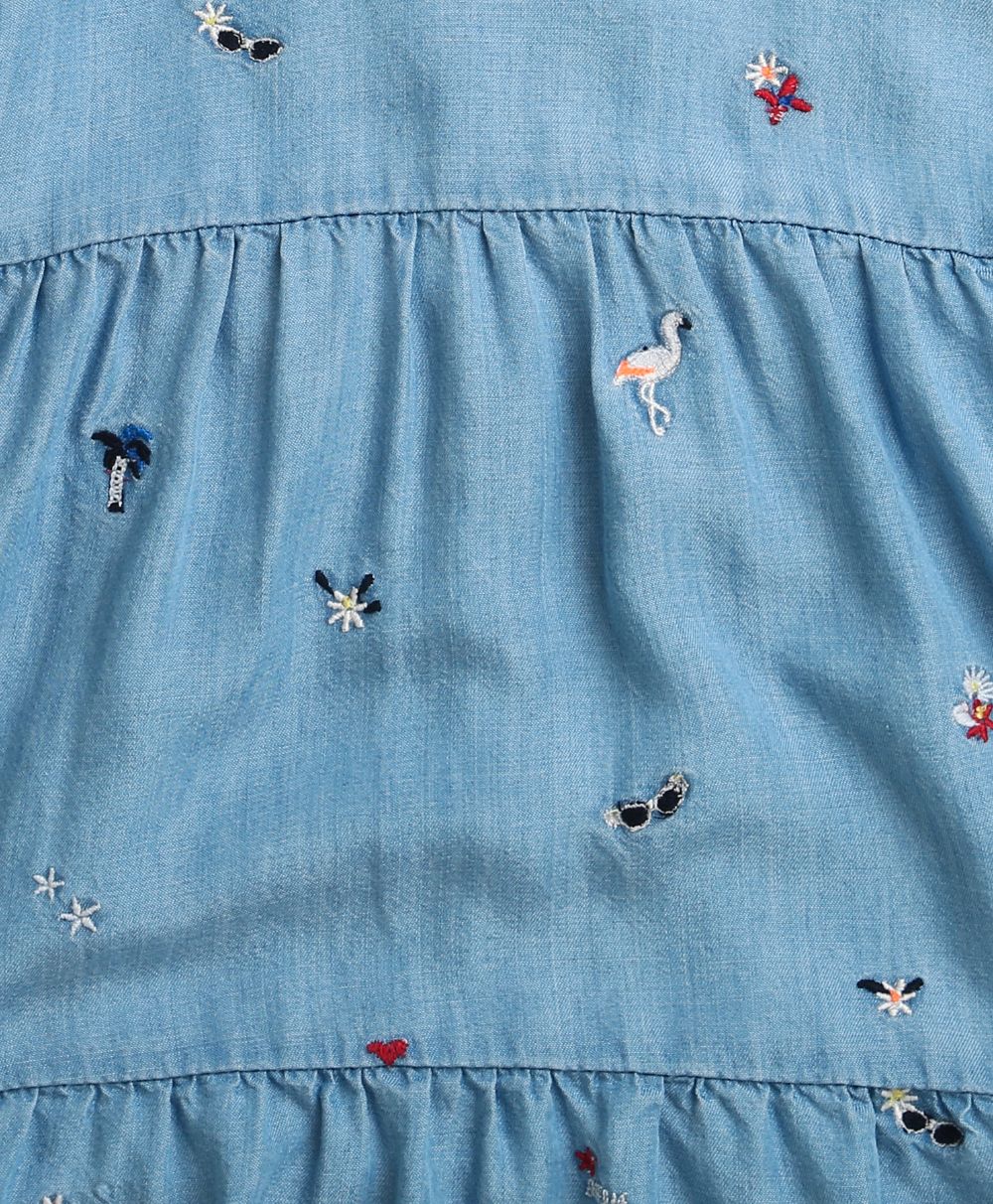 Flamingo Embroidered Denim Ruffle Dress - Blue