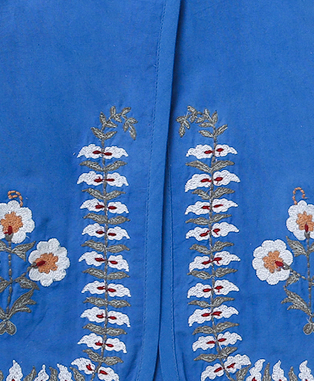 Kimono Cotton Poplin Jacket with Floral Embroidery - Blue