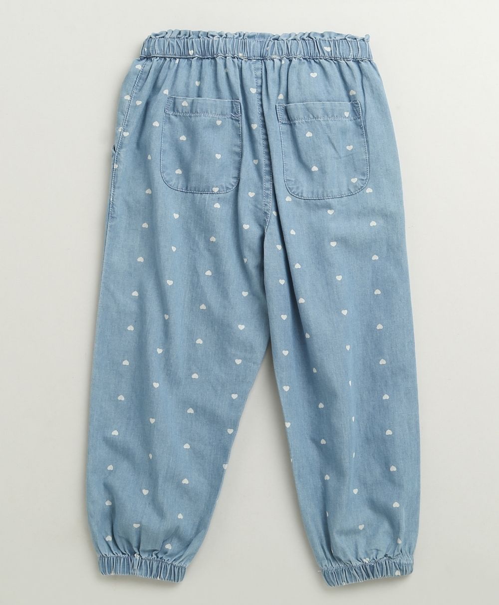 Safari Buddies Cotton T-shirt & Cotton Denim Heart Printed Pants Set - White & Blue
