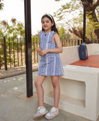 Jacquard Striped Checks Sleeveless Dress - Blue & White