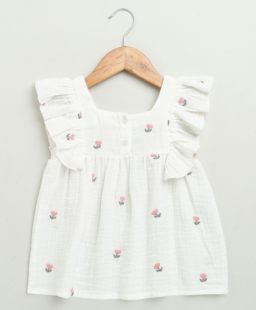 Pink Floral Embroidery Ruffle Organic Cotton Co-ord Set - White