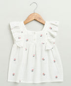 Pink Floral Embroidery Ruffle Organic Cotton Co-ord Set - White