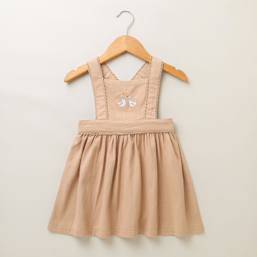 Cotton Twill Pinafore Dress with White Ducks Embroidery - Beige & White