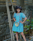 Balloon Sleeved Embroidered Dress - Blue