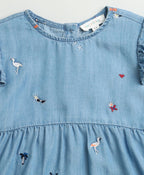 Flamingo Embroidered Denim Ruffle Dress - Blue
