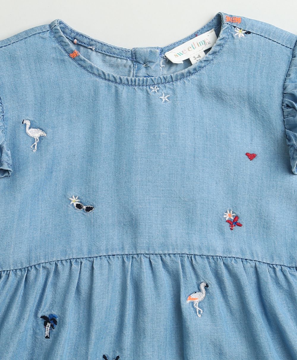 Flamingo Embroidered Denim Ruffle Dress - Blue