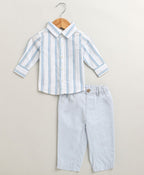 Baby Boys Blue Stripes Cotton Co-ord Set - White & Blue