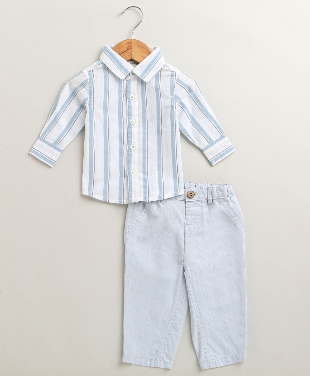 Baby Boys Blue Stripes Cotton Co-ord Set - White & Blue