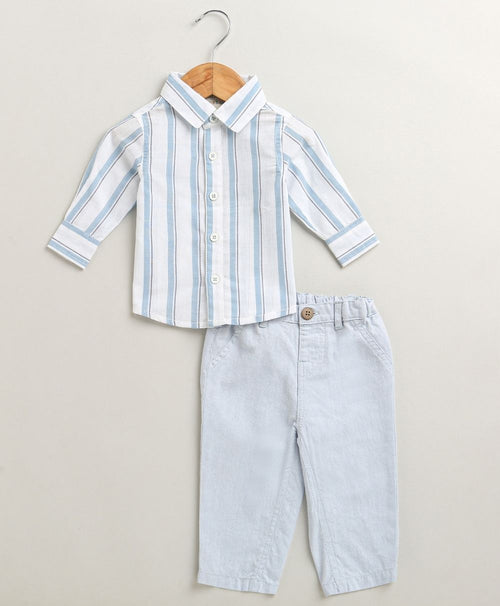 Baby Boys Blue Stripes Cotton Co-ord Set - White & Blue