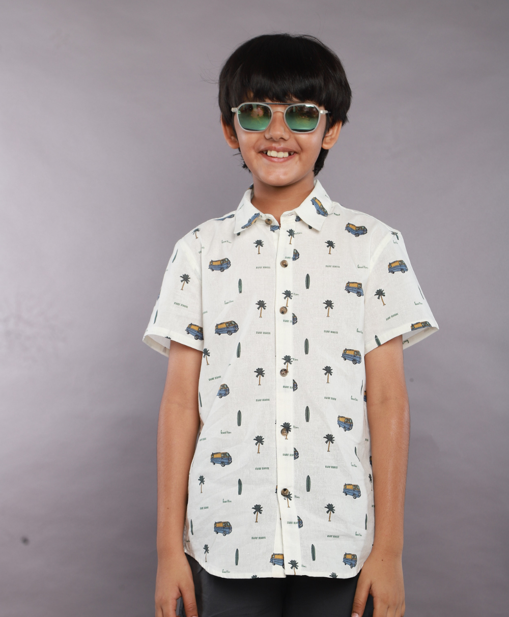 Surf School Print Cotton Linen Shirt - White