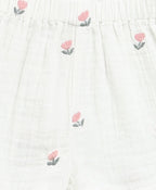 Pink Floral Embroidery Ruffle Organic Cotton Co-ord Set - White
