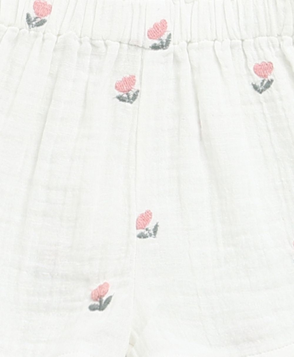 Pink Floral Embroidery Ruffle Organic Cotton Co-ord Set - White