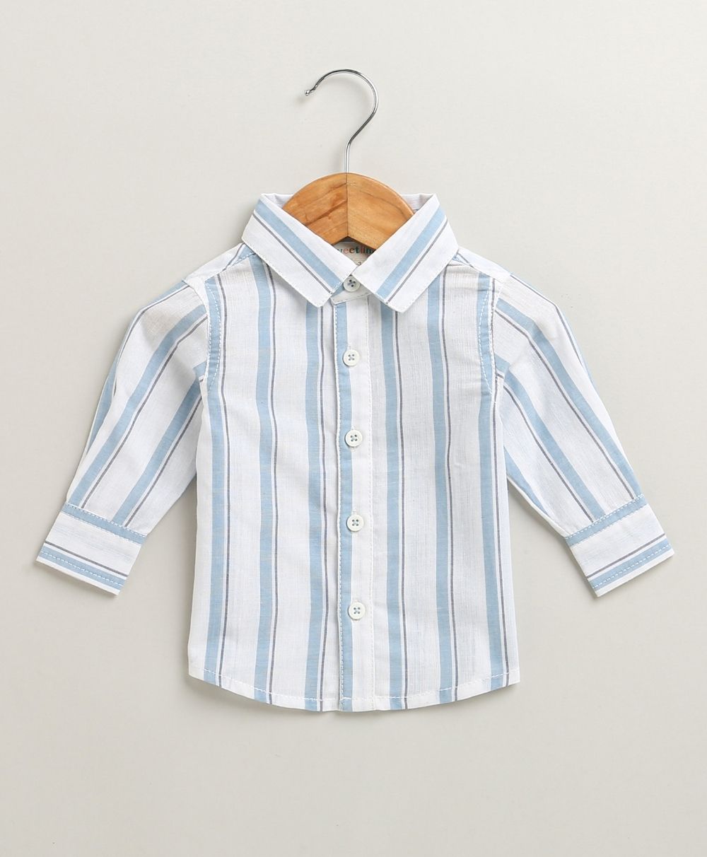 Baby Boys Blue Stripes Cotton Co-ord Set - White & Blue