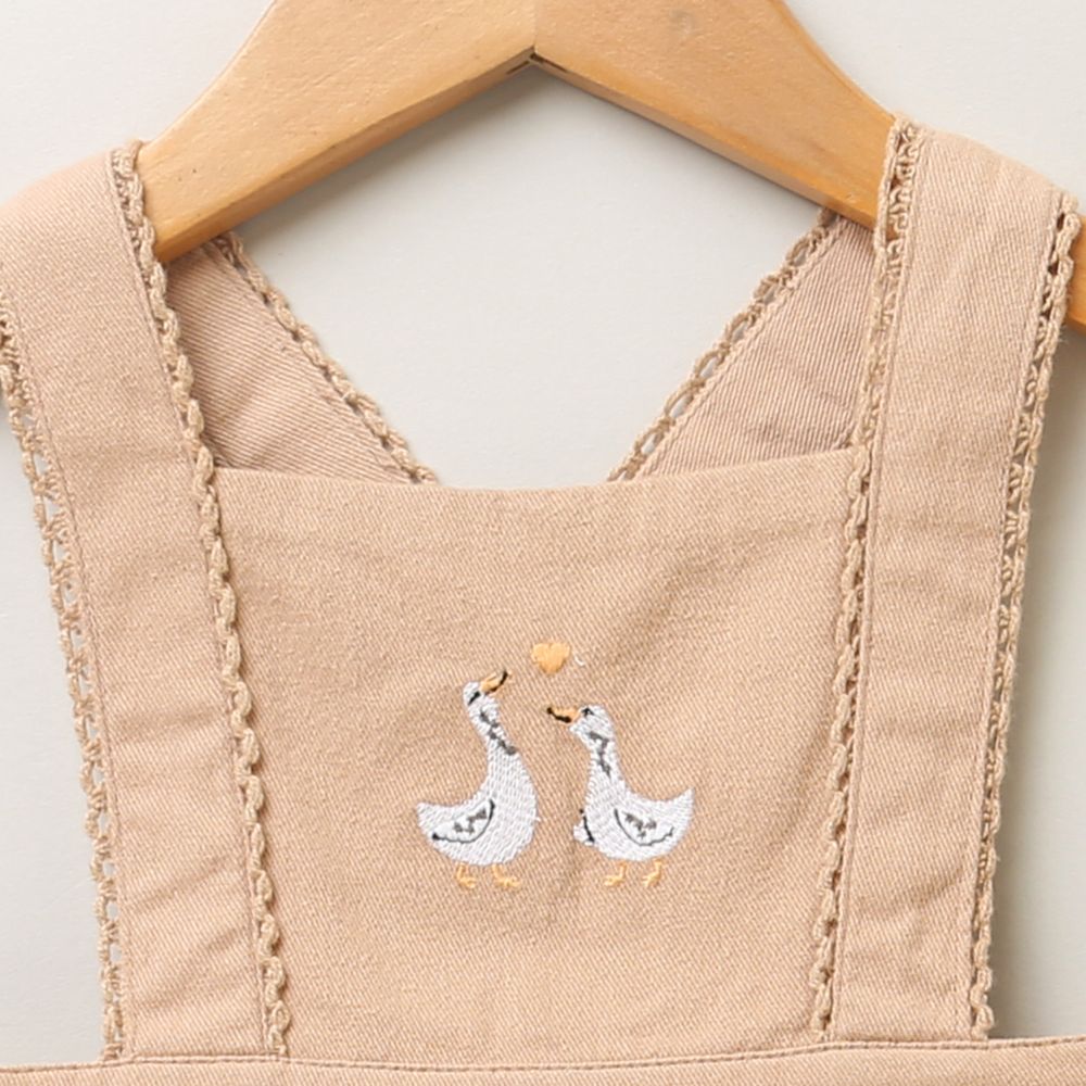 Cotton Twill Pinafore Dress with White Ducks Embroidery - Beige & White