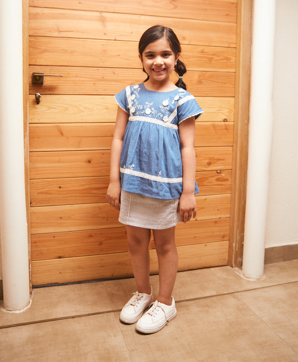 Flower Patch Denim Top - Blue