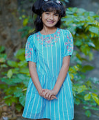Balloon Sleeved Embroidered Dress - Blue