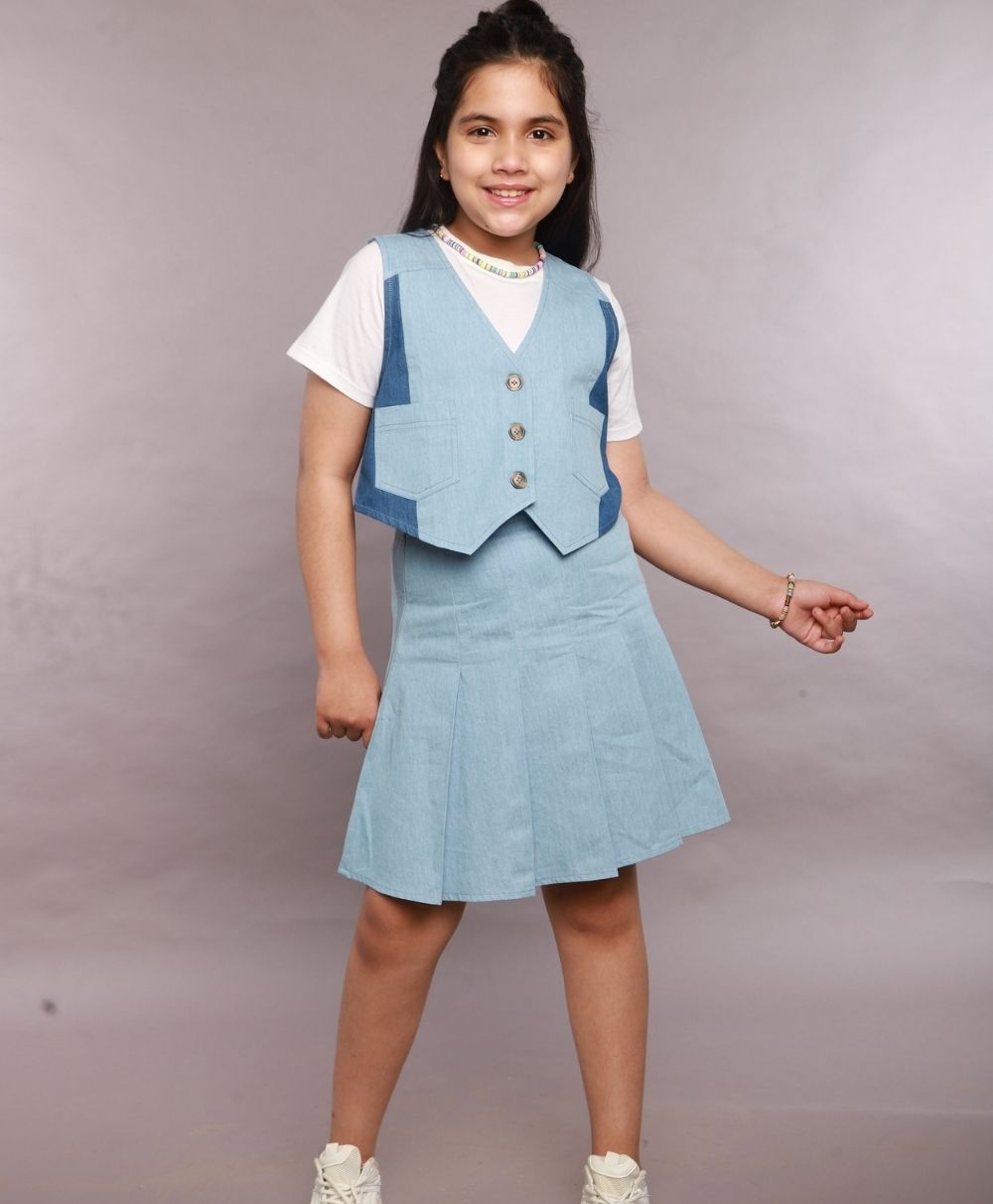 Denim Waistcoat & Skirt Co-ord Set- Blue
