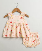 Bird Print Top and Bloomer Co-ord Set - Peach